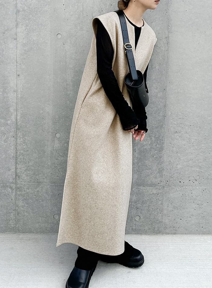 鑰匙領長版背心連衣裙 (燕麥色) image 1