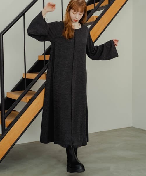 針織拼接喇叭裙洋裝(黑色) image 1